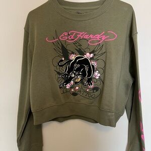 Ed Hardy Olive Crewneck Sweatshirt with Script Logo
